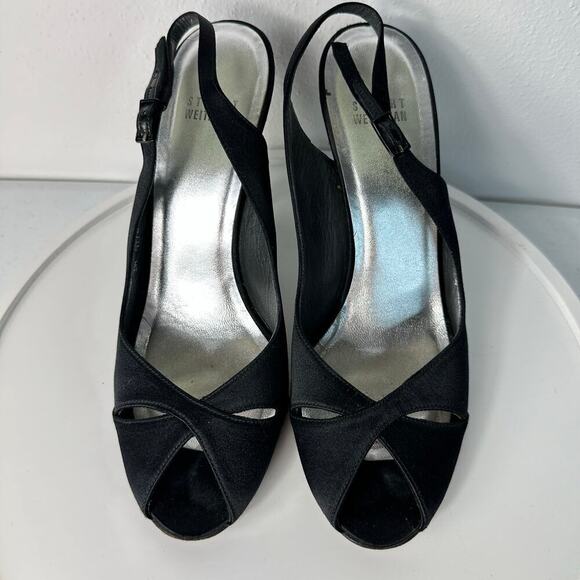 Stuart Weitzman Heels Slingback Satin Open Toe Pumps Stiletto Shoes Black 9 - Picture 3 of 13